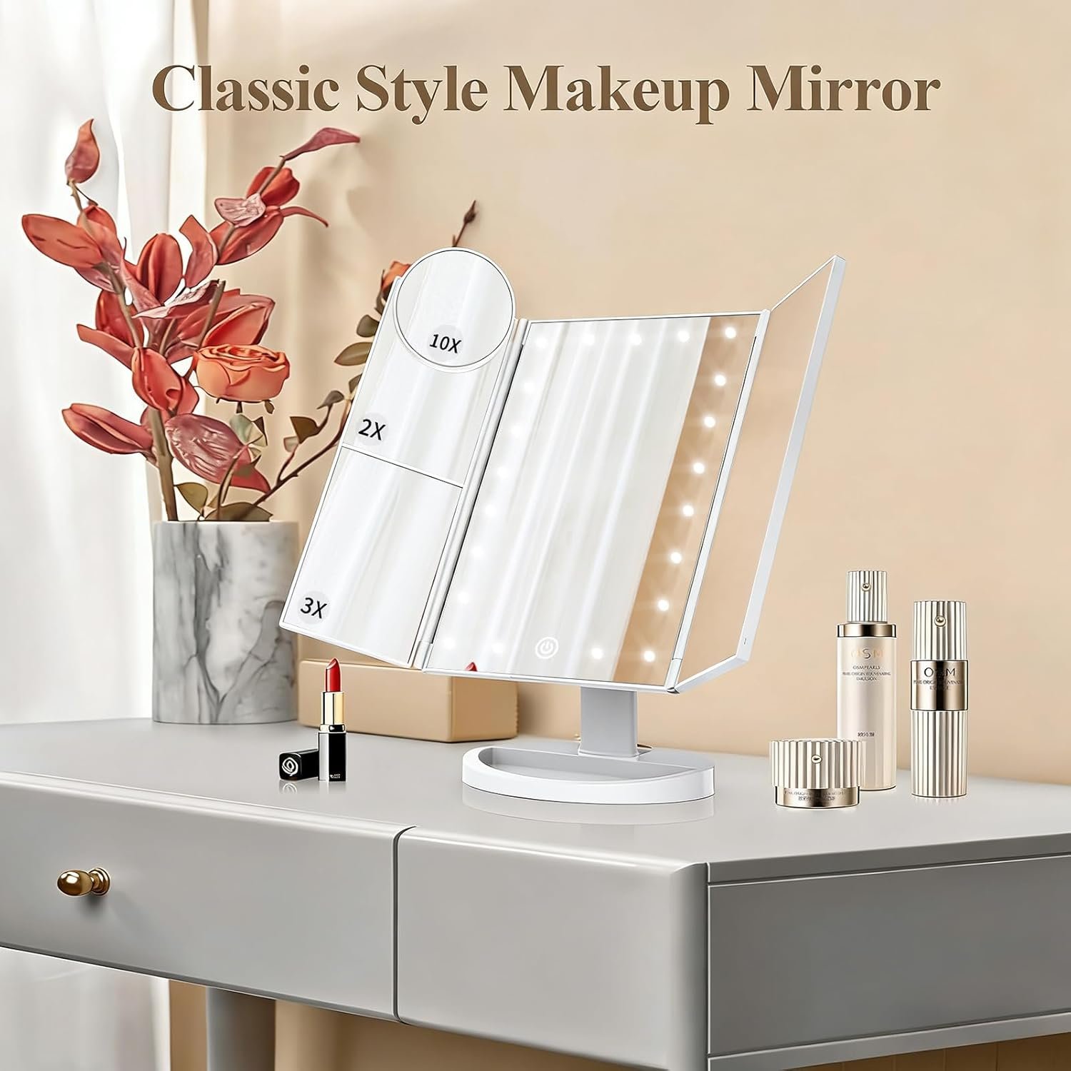 HUONUL Makeup Mirror, Vanity Mirror with Lights, 2X/3X/10X Magnification, Touch Control, Trifold, Dual Power Supply, Birthday Gifts for Women, Wife, Mom, Girls,Dorm Room Essentials - Image 2