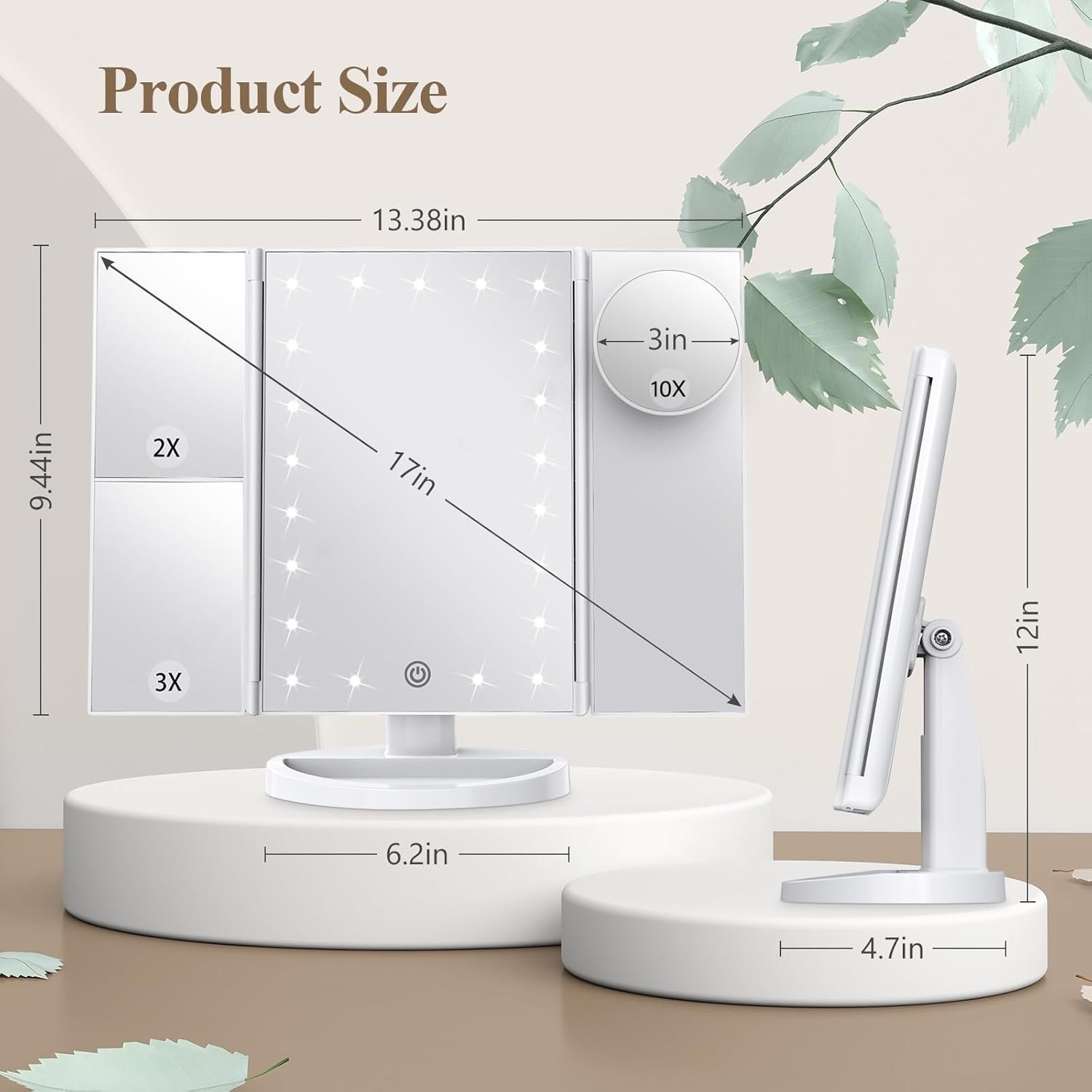 HUONUL Makeup Mirror, Vanity Mirror with Lights, 2X/3X/10X Magnification, Touch Control, Trifold, Dual Power Supply, Birthday Gifts for Women, Wife, Mom, Girls,Dorm Room Essentials - Image 3